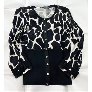 Etcetera Sz M Women Black Giraffe Print Cardigan Sweater Gold Button Color Block